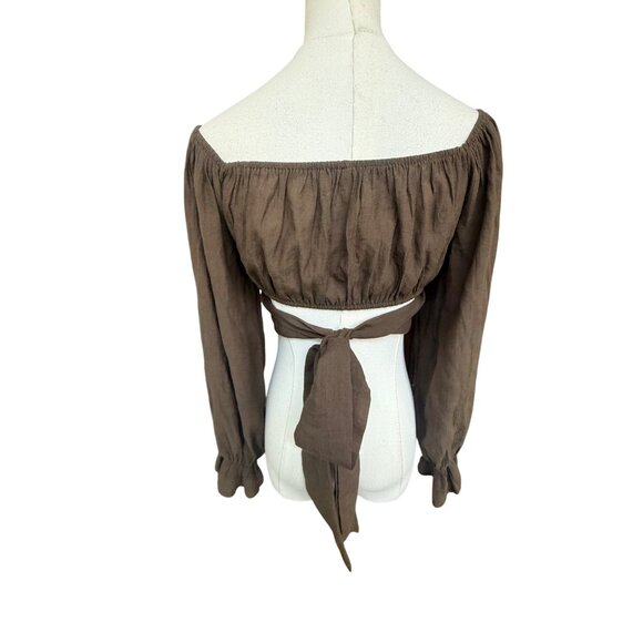 Boutique Boho Puff Long Sleeve Tie Wrap Crop Top Sz S Mocha Mousse Indie Sleaze - Picture 4 of 6